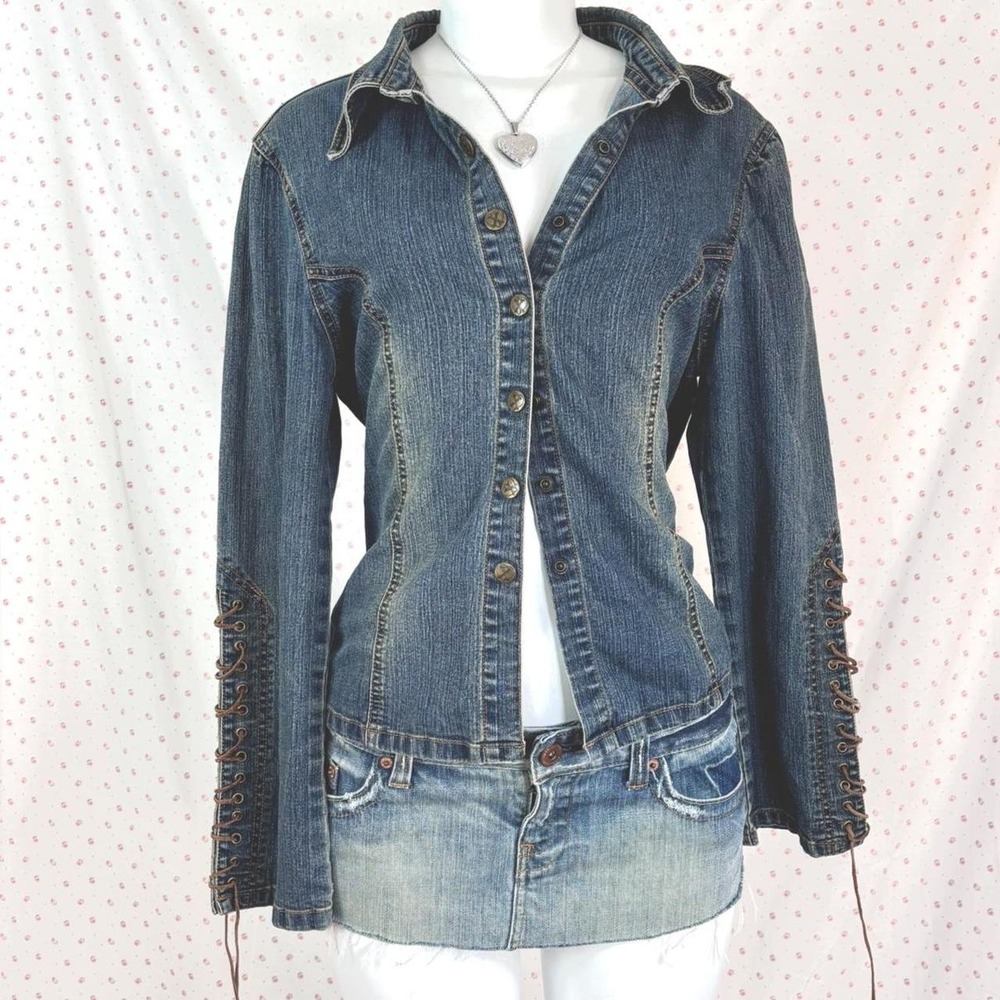 y2k lace up sleeve denim jacket vintage denim mini skirt set